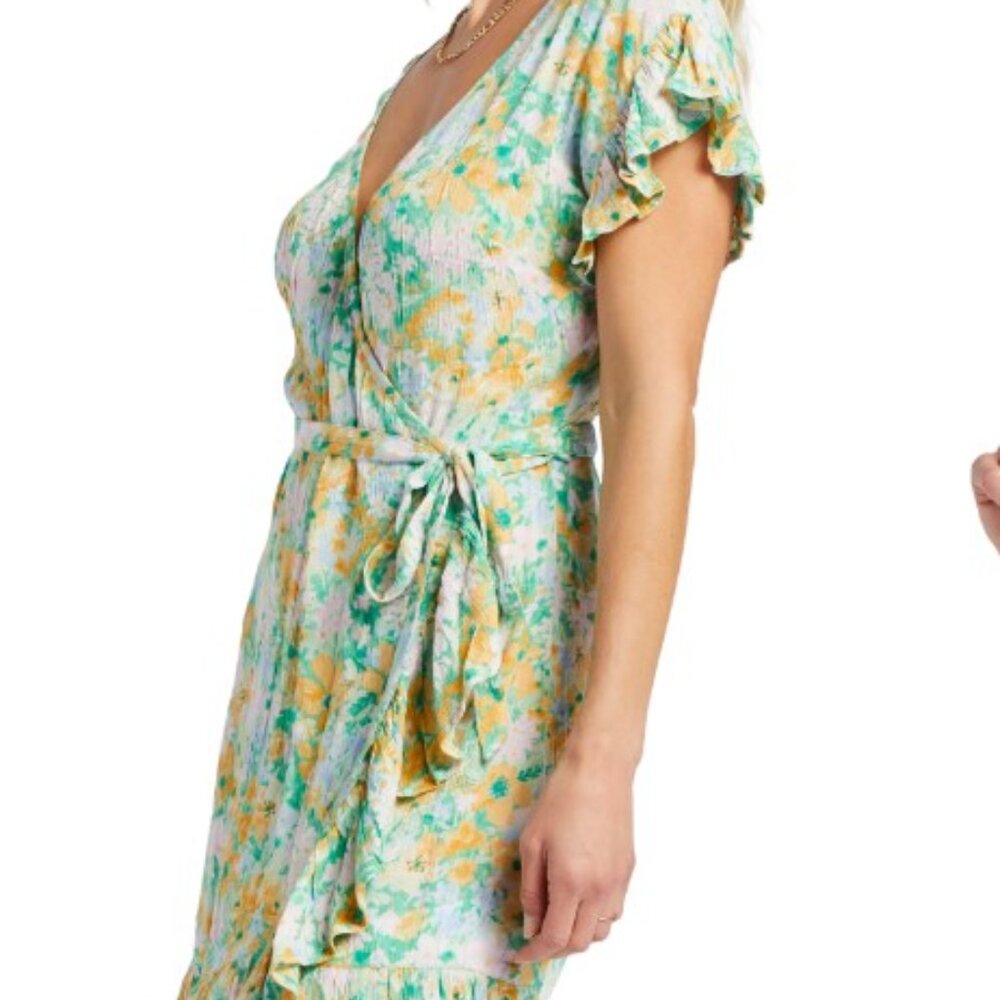 Billabong Wrap & Roll Floral Ruffle Wrap Minidress Sz M
